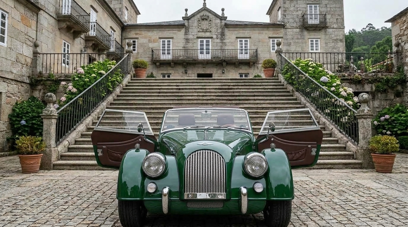A classic green touring car in front of a historic Galician estate