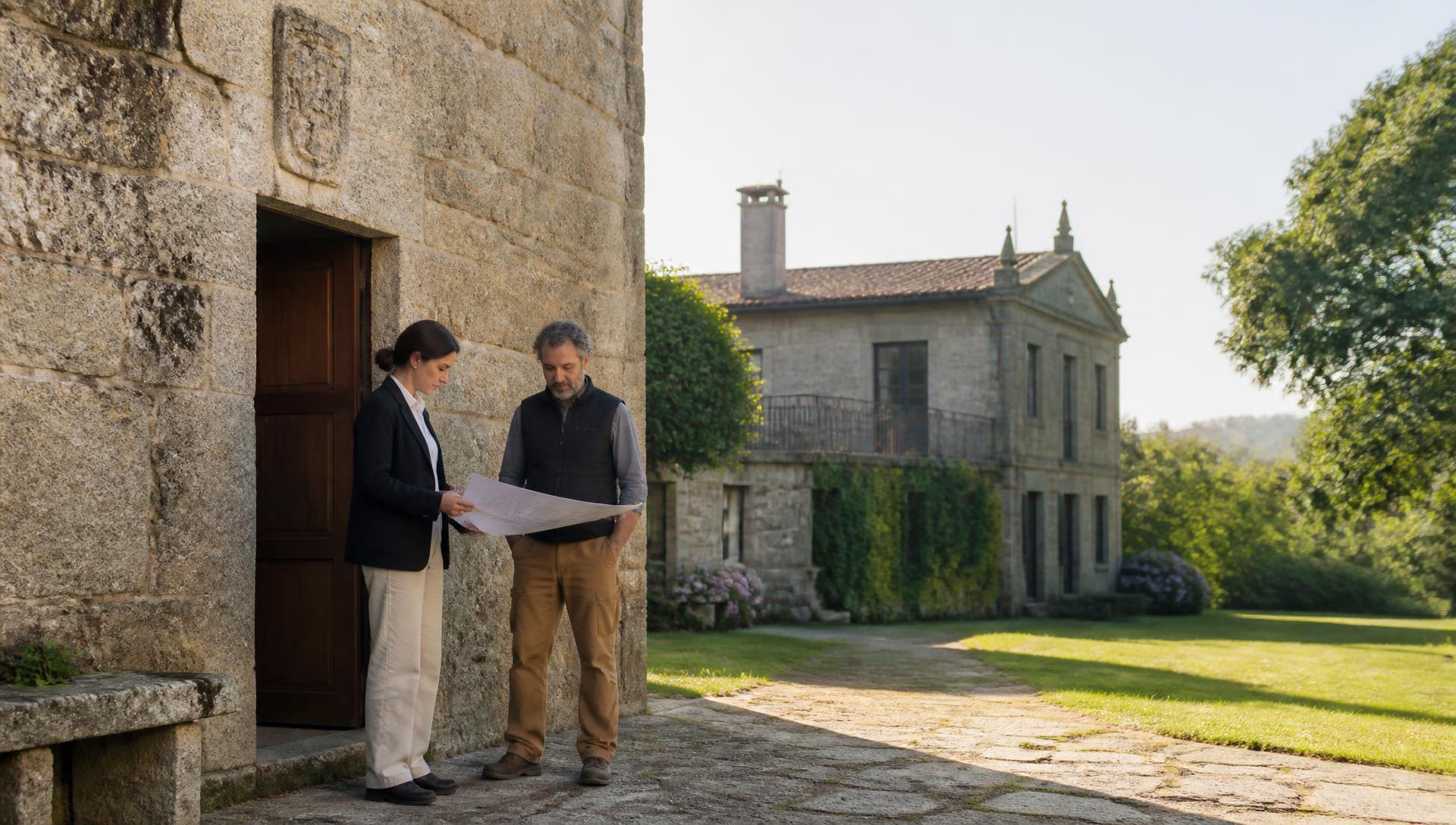 Property specialists reviewing restoration plans at a Galician stone estate